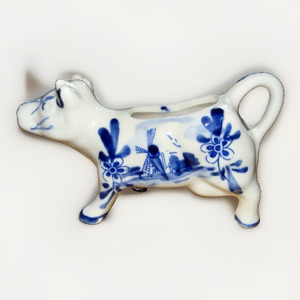 Vintage Delft Hand Painted Blue & White Windmill Earthenware Cow Creamer 6”